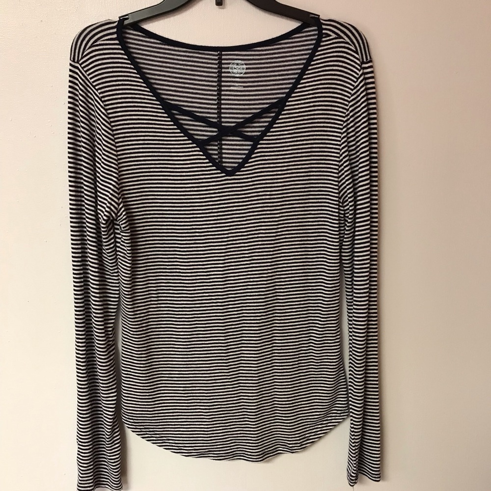 Striped long sleeve with crisscross detail